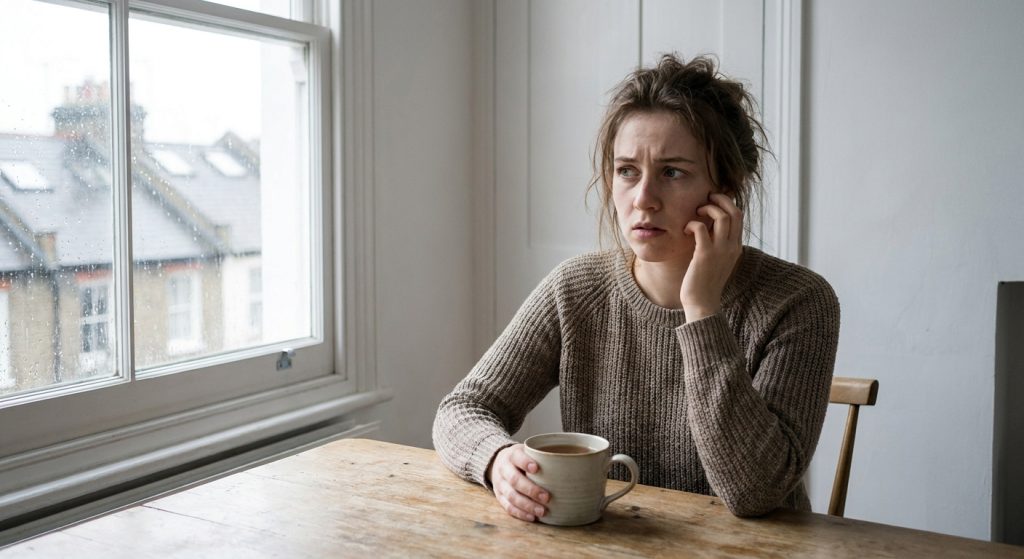 Young woman at kitchen table on a grey London morning, hand near ear, looking thoughtful