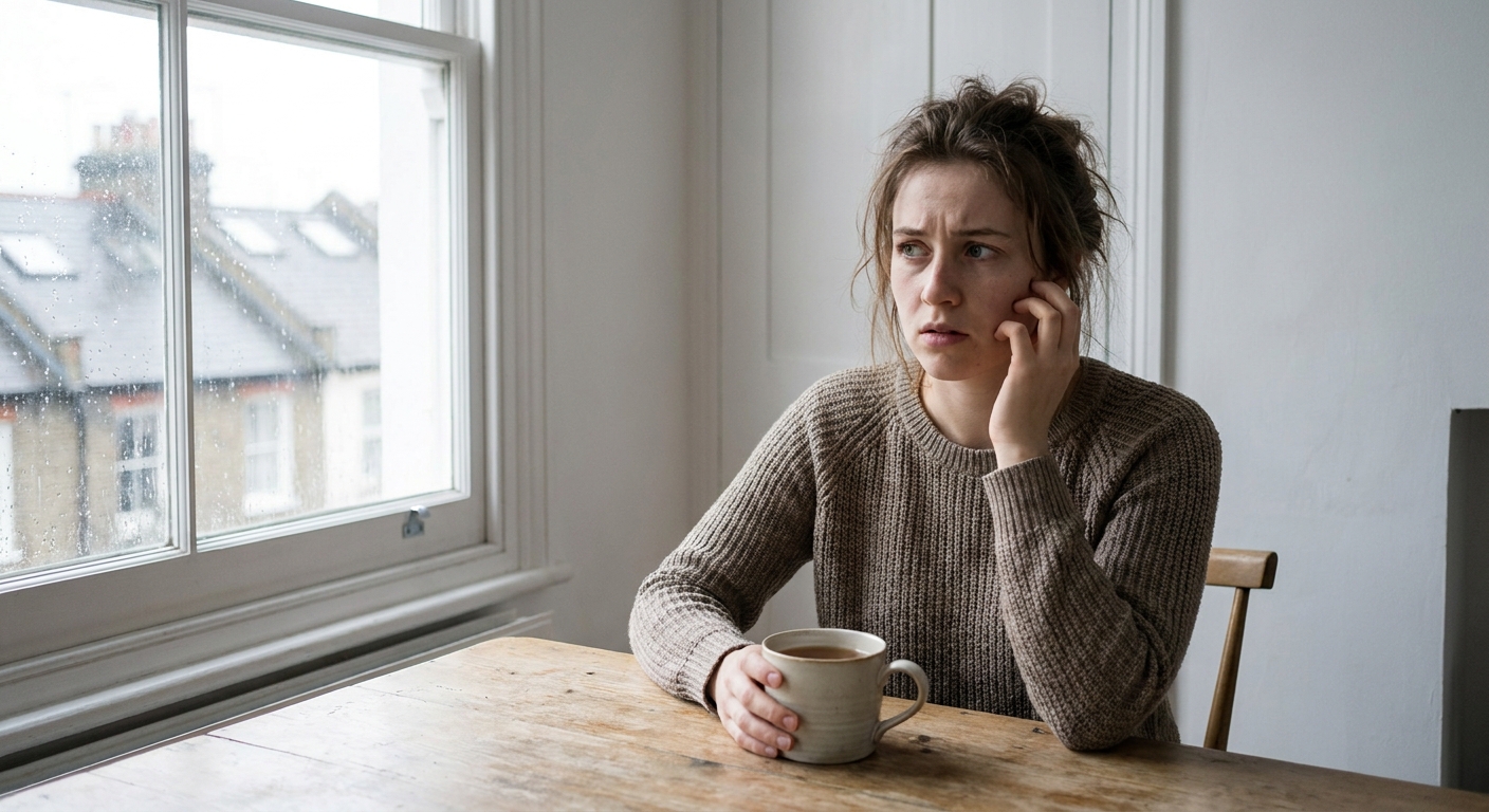 Young woman at kitchen table on a grey London morning, hand near ear, looking thoughtful
