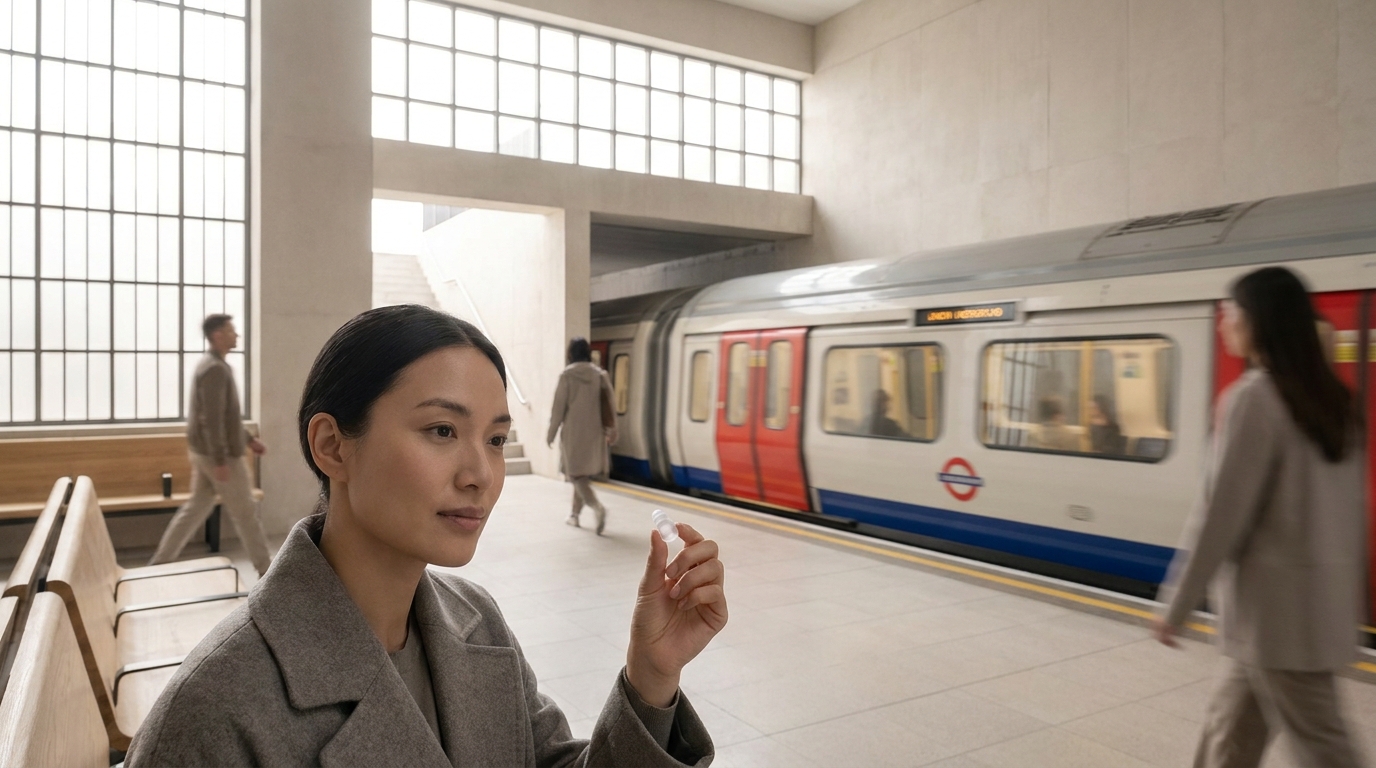 Commuter on a London Underground platform during rush hour holding earplugs, approaching tube train in background