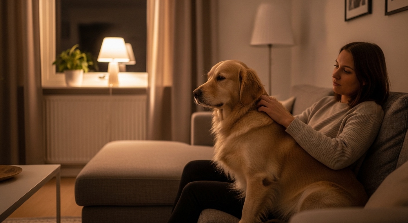 A relaxed dog sitting beside its owner in a softly lit living room with the curtains drawn on an autumn evening