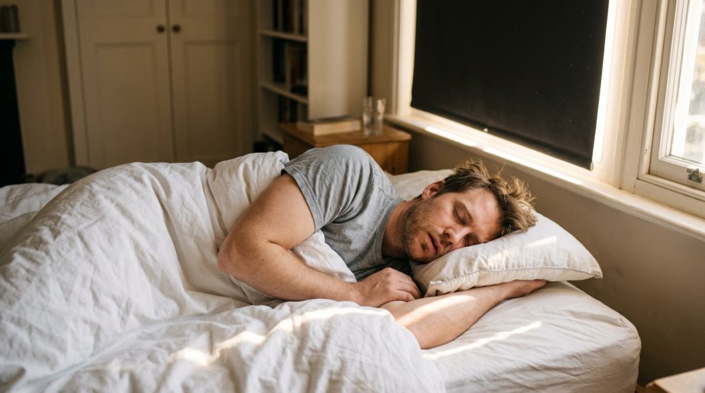 Person sleeping peacefully on their side in a tidy UK bedroom during the daytime with a blackout blind half drawn