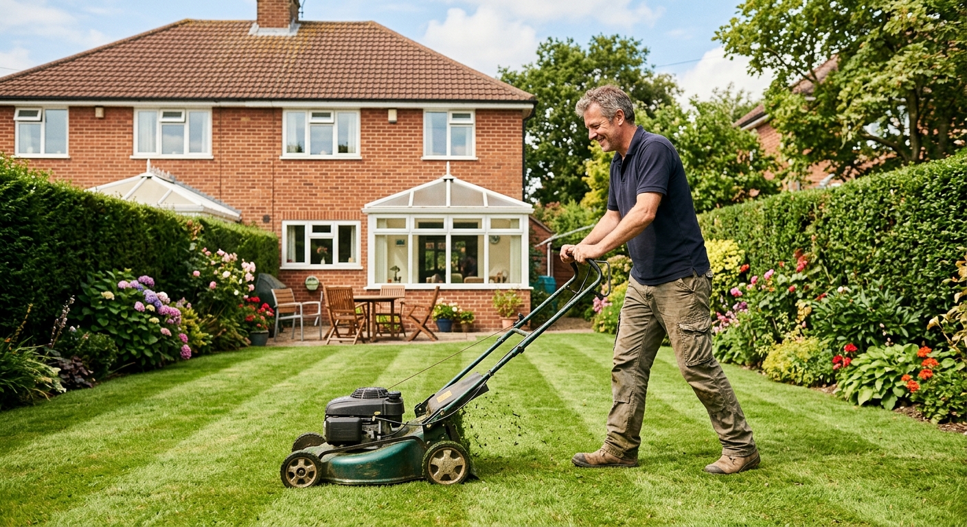 Man mowing a lawn with a petrol lawnmower in a British back garden on a summer afternoon
