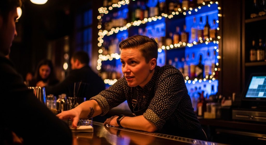 Bartender taking a customer order across the counter in a dimly lit nightclub bar