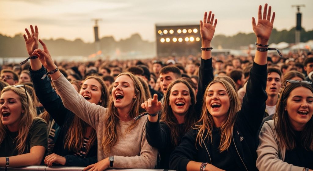 Festival crowd near the main stage at dusk with arms raised at a UK summer festival