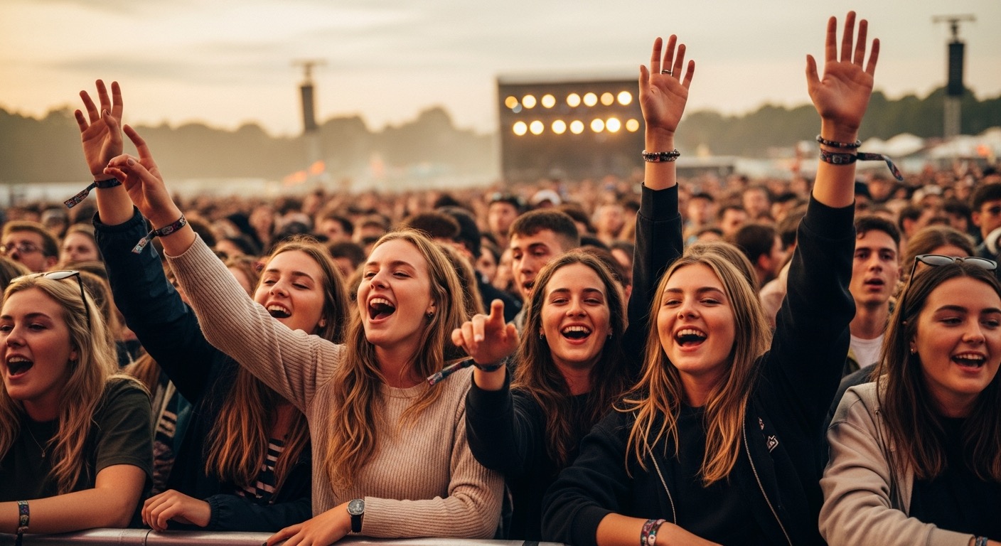 Festival crowd near the main stage at dusk with arms raised at a UK summer festival