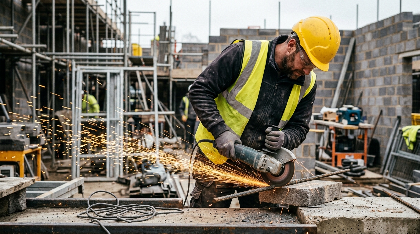 Construction worker in hard hat and hi-vis vest using an angle grinder on a UK building site