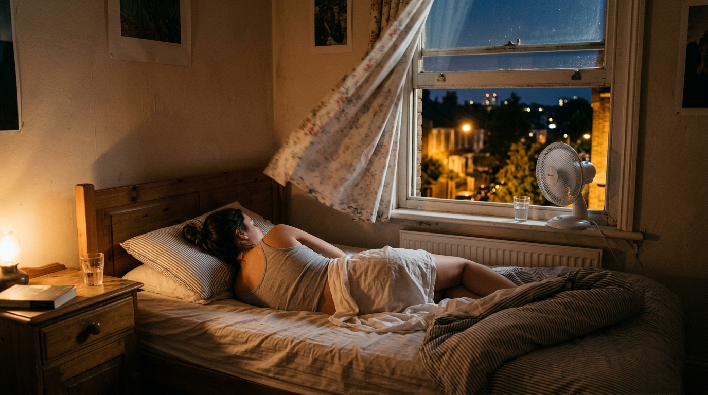Person sleeping peacefully on their side in a UK bedroom with the window open on a warm summer night, a fan on the sill