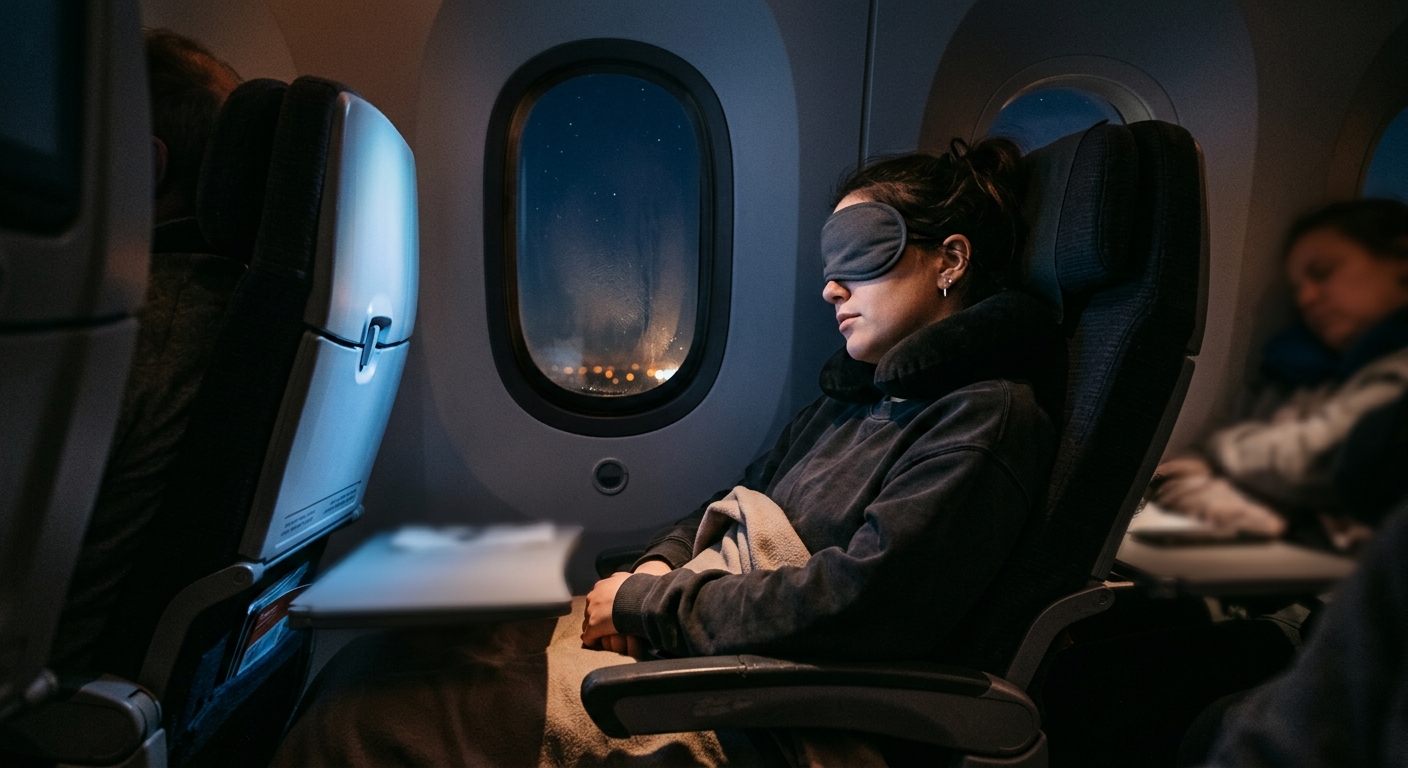 Traveller asleep in an economy window seat wearing a sleep mask in a dimmed aircraft cabin at night