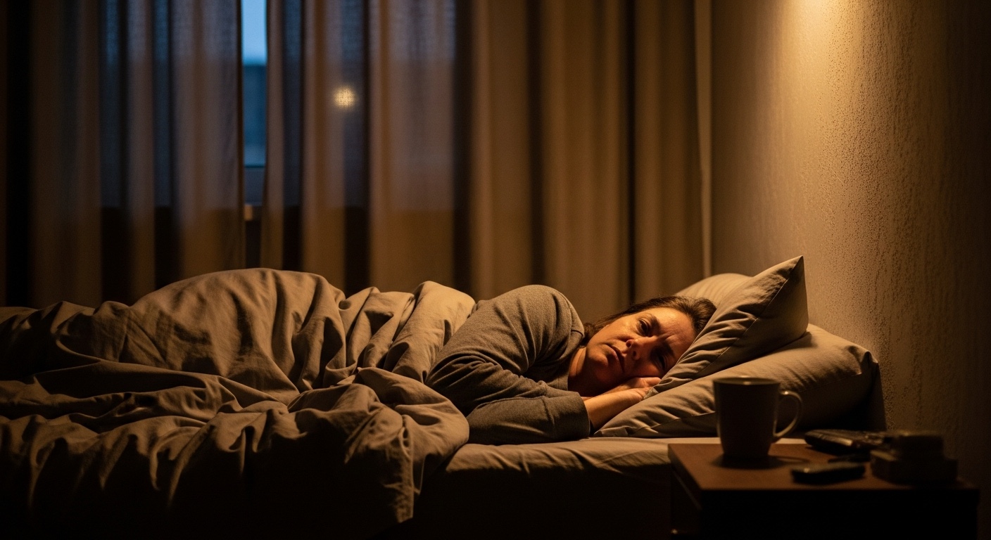 Person lying awake on their side in bed at night with a pillow pulled over their ear, facing the bedroom wall