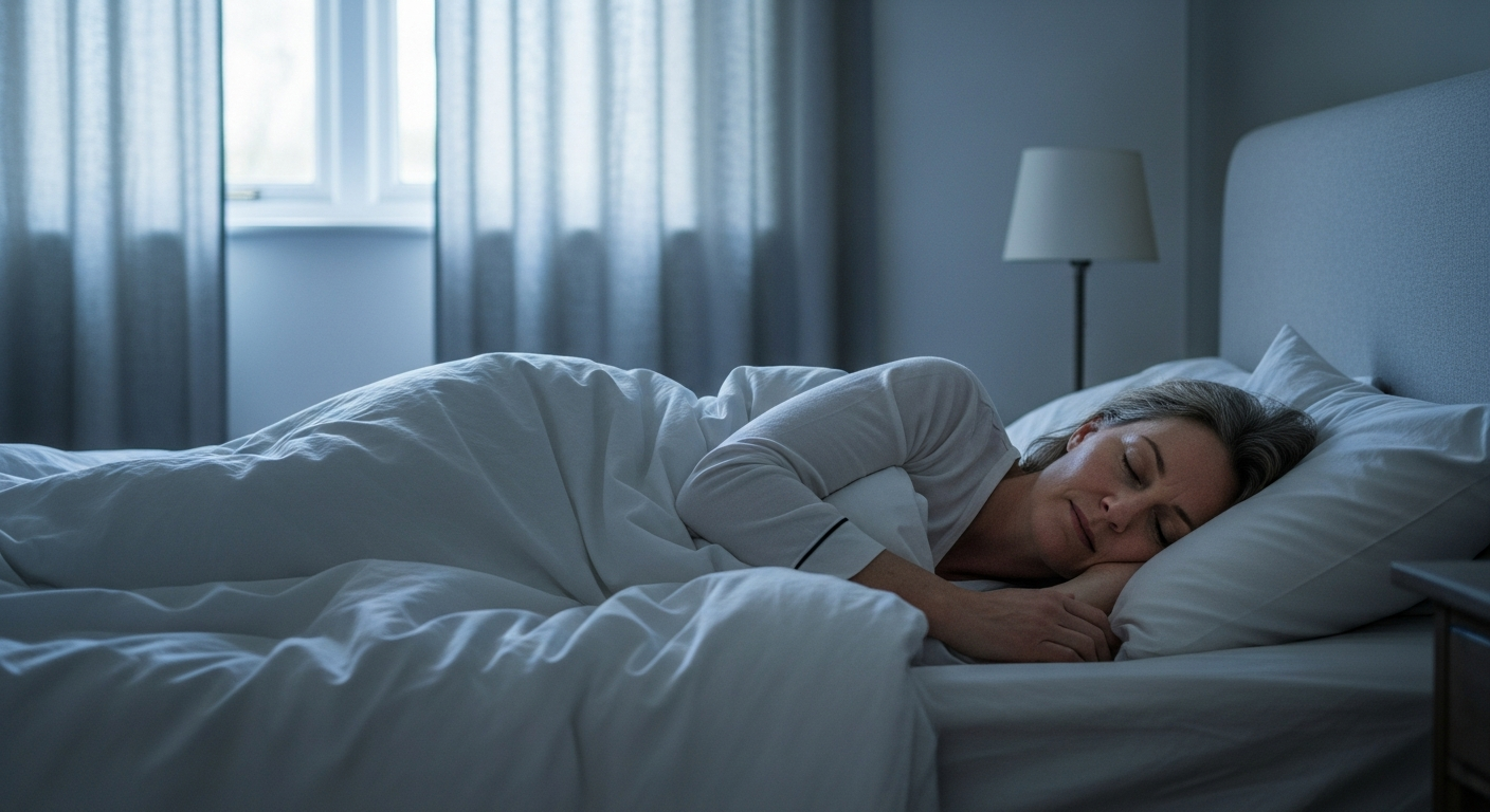 Woman in her early fifties sleeping peacefully on her side in a calm, quiet bedroom at dawn
