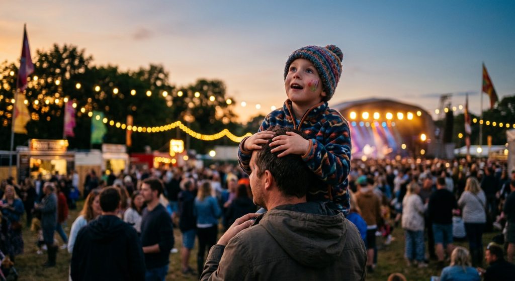 Young child on their father's shoulders watching the stage at a UK summer festival at dusk