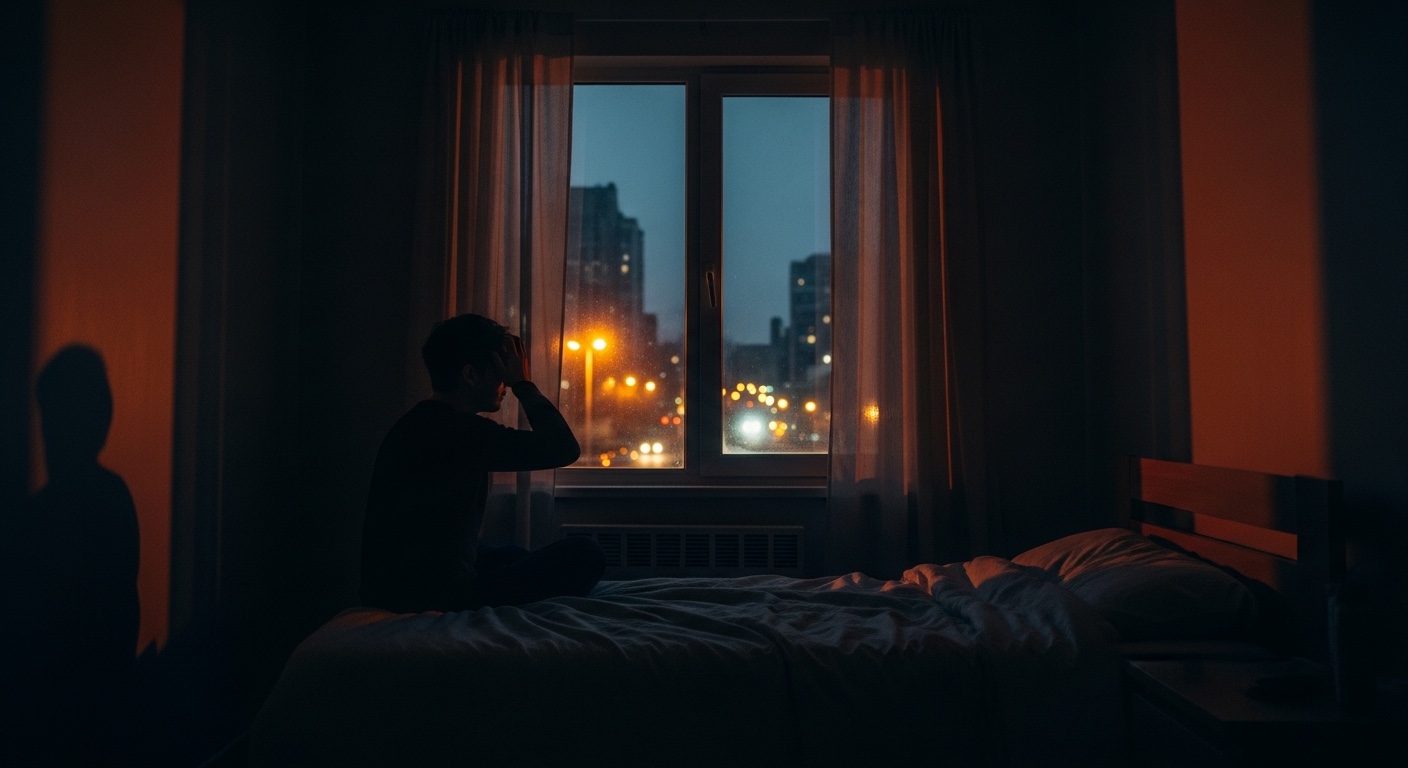 Weary person sitting on the edge of their bed at night, unable to sleep as traffic passes the window
