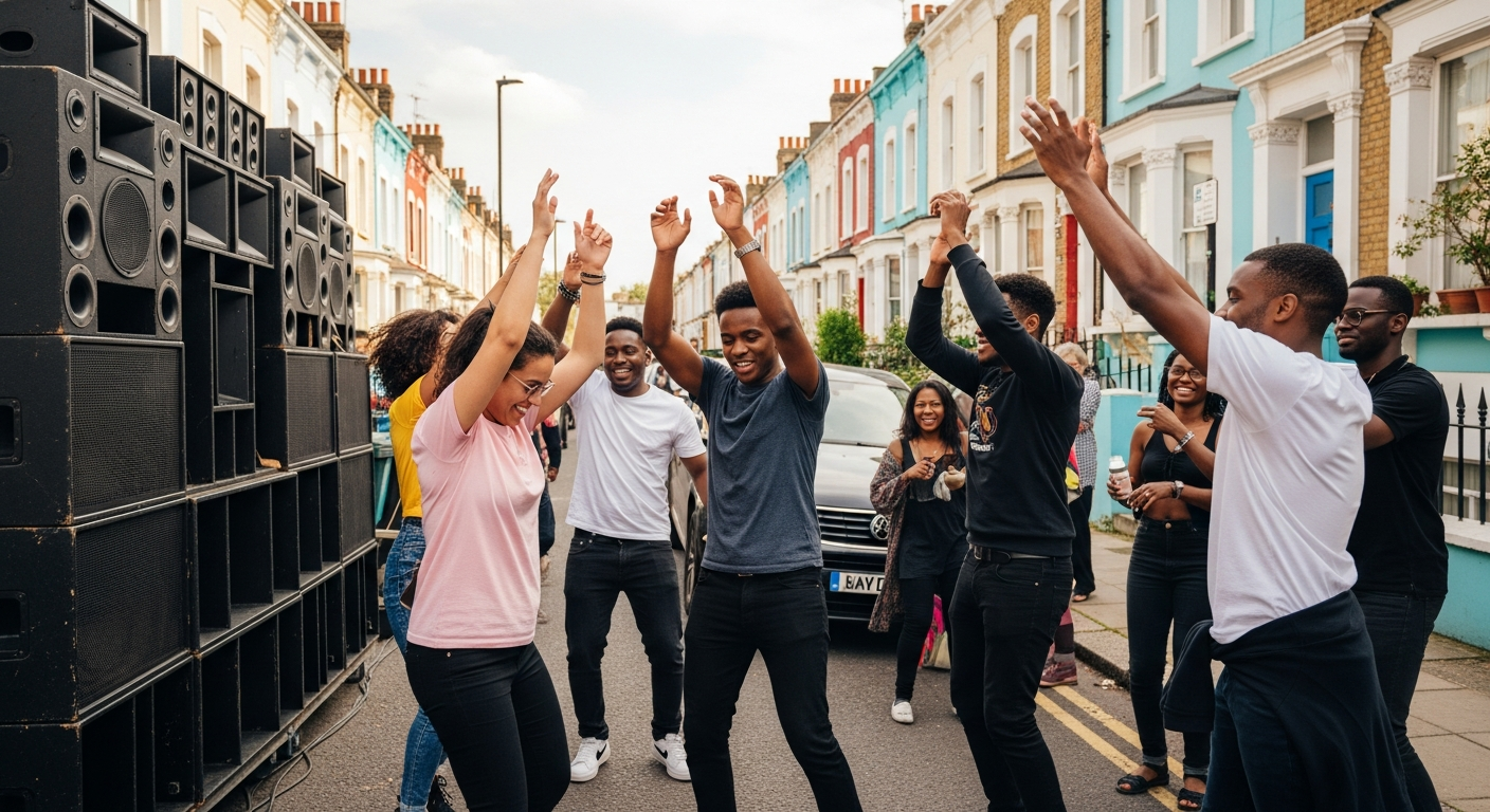 Crowd dancing in front of a street sound system at Notting Hill Carnival