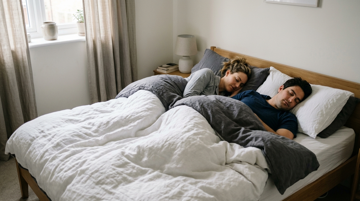 A couple sleeping peacefully together in the same double bed in a calm, light bedroom
