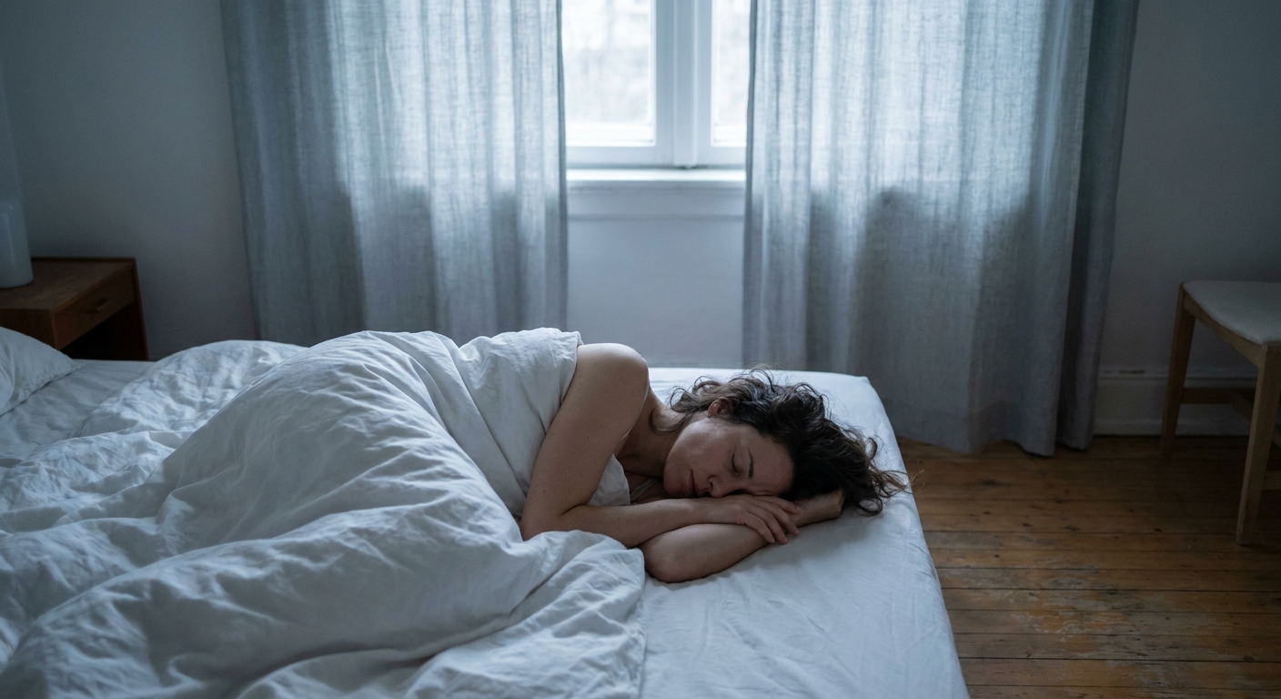 Woman sleeping peacefully on her side in a calm bedroom at dawn