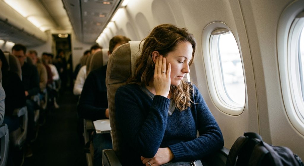 Woman pressing her hand against her ear on a plane during descent, showing mild discomfort from cabin pressure change