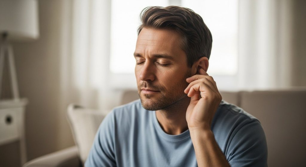 A calm man in a softly lit living room gently touching his ear, sensitive to sound