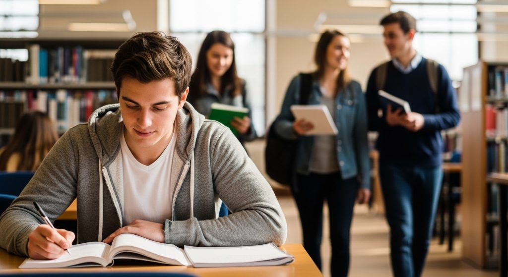 University student studying at a desk in a busy library reading room while other students walk and talk in the background