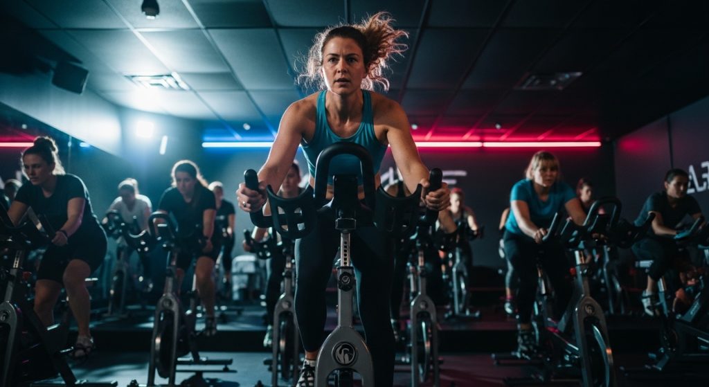 Woman pushing hard on an indoor spin bike in a dark group cycling studio