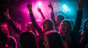 University students dancing in a crowded nightclub under pink and blue stage lights