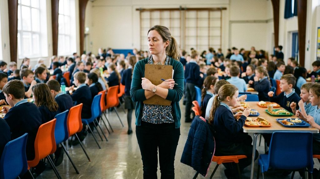 Teacher standing on lunch duty in a busy school dining hall, eyes closed against the noise