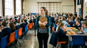 Teacher standing on lunch duty in a busy school dining hall, eyes closed against the noise