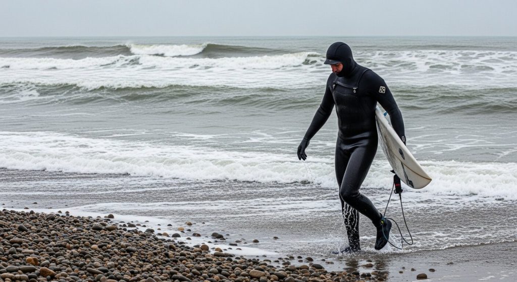 A surfer in a black winter wetsuit and hood walking out of a cold grey British sea onto a pebble beach carrying a surfboard