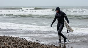 A surfer in a black winter wetsuit and hood walking out of a cold grey British sea onto a pebble beach carrying a surfboard