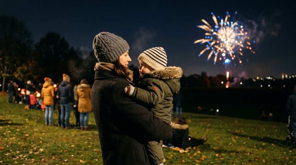 Parent holding a young child in warm coats and hats watching a distant fireworks display on a chilly autumn evening
