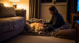 Owner sitting on the floor beside a Labrador curled up in a blanket den in a dimly lit living room with the curtains drawn