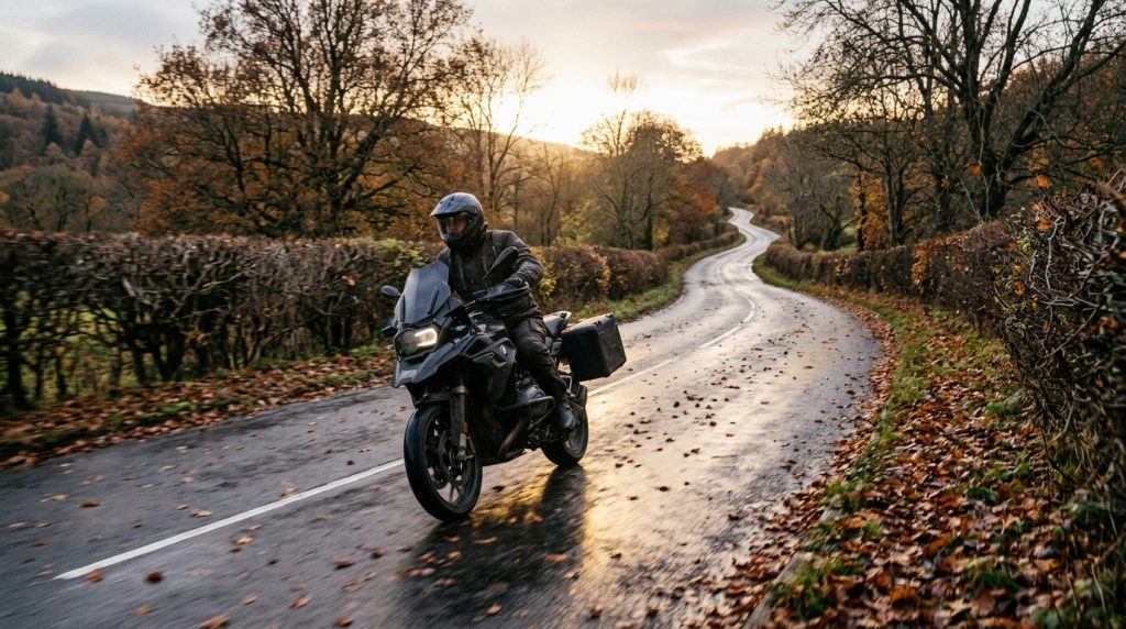 Motorcyclist riding along a wet, leaf-strewn British country road at low autumn sun