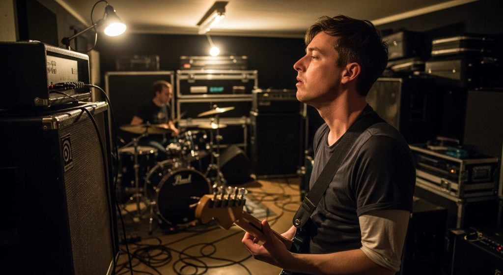 Guitarist listening back mid-rehearsal in a small, dimly lit practice room with a drummer and amp stack behind