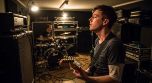 Guitarist listening back mid-rehearsal in a small, dimly lit practice room with a drummer and amp stack behind
